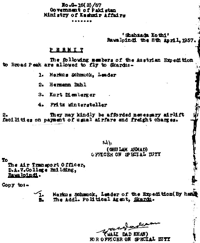 Copia del permiso oficial del ascenso al Broad Peak para 1957
