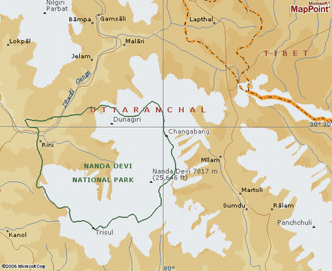 Mapa del Parque Nacional Nanda Devi. En la parte derecha de los lÃ­mites, el Changabang