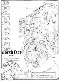 Topo de la cara norte del Changabang con las rutas abiertas hasta 1998. Tomado de American Alpine Journal