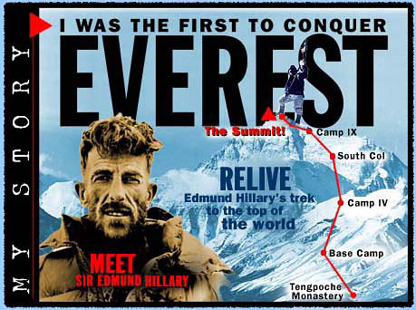 Cartel de una de sus conferencias. Se nota claramente que el "Yo fui el primer conquistador del Everest" no es de Hillary